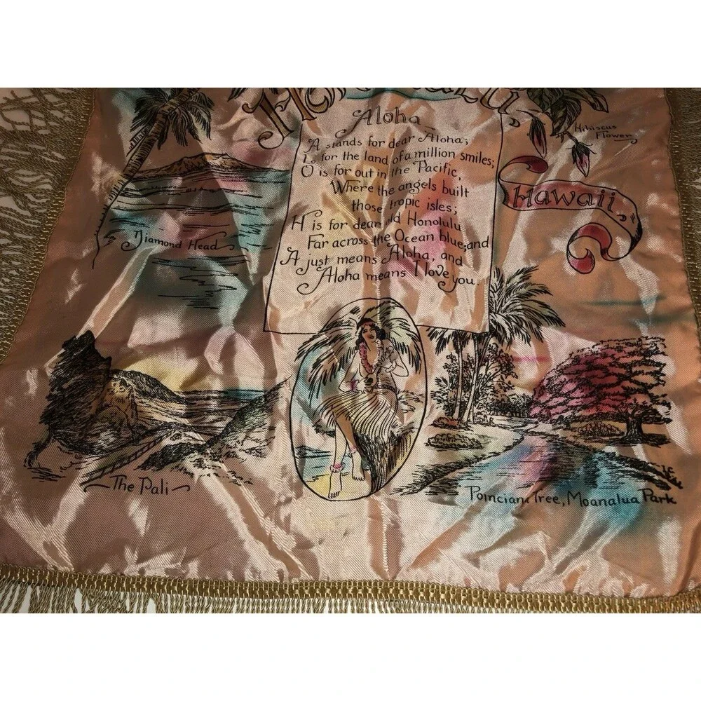 Vintage Honolulu Hawaii Satin Souvenir Pillow Cover Fringe Aloha Mid Century